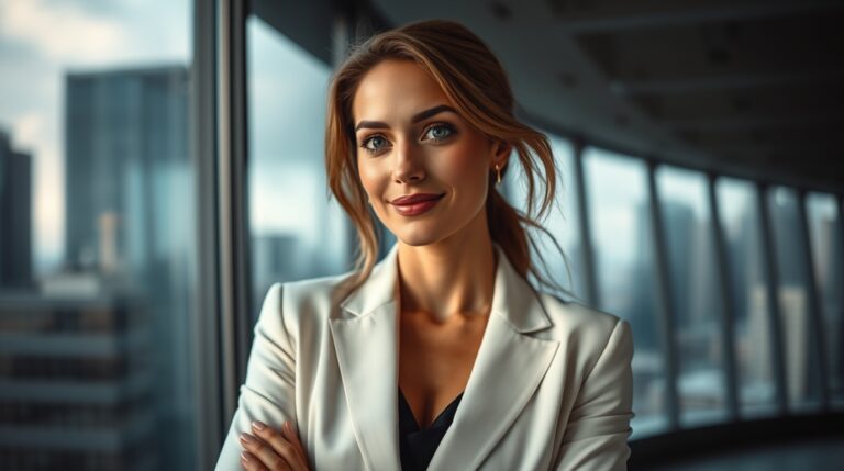 business woman standing in front of a modern office window
