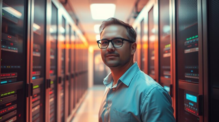 IT worker in network server room