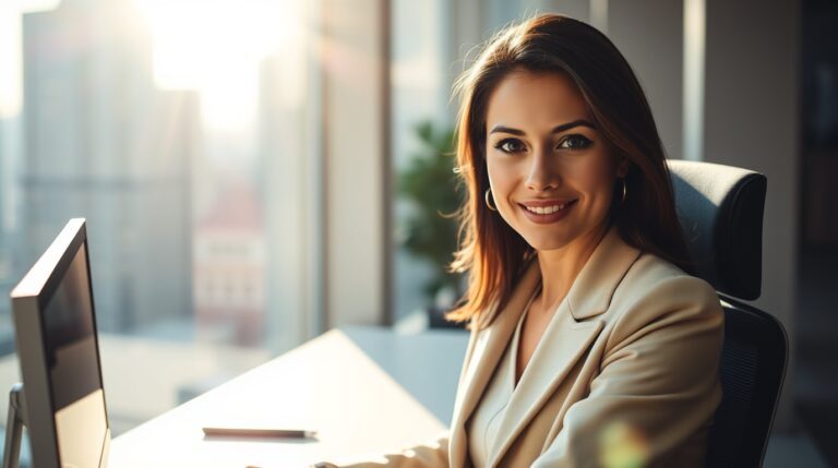 businesswoman sitting at her computer in her office