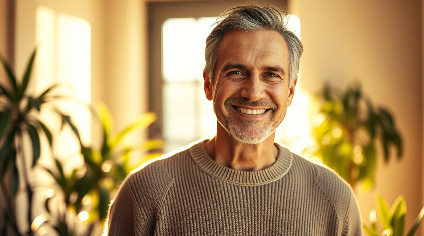 Man wearing a sweater, smiling and relaxing