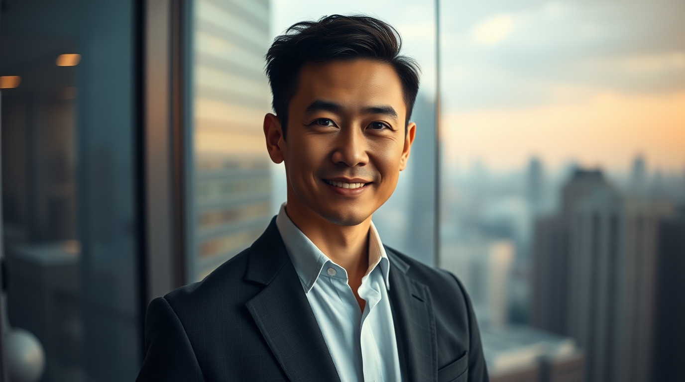 businessman standing near the upper floor window of a large office building overlooking the city