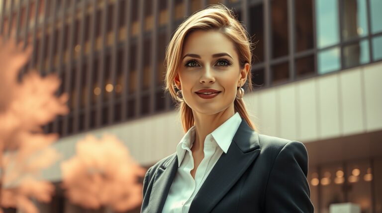A confident businesswoman outside a modern office building