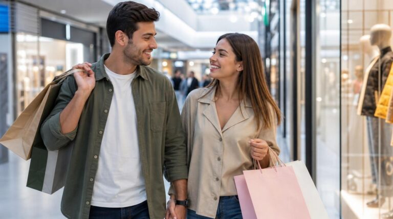 happy couple shopping in a mall