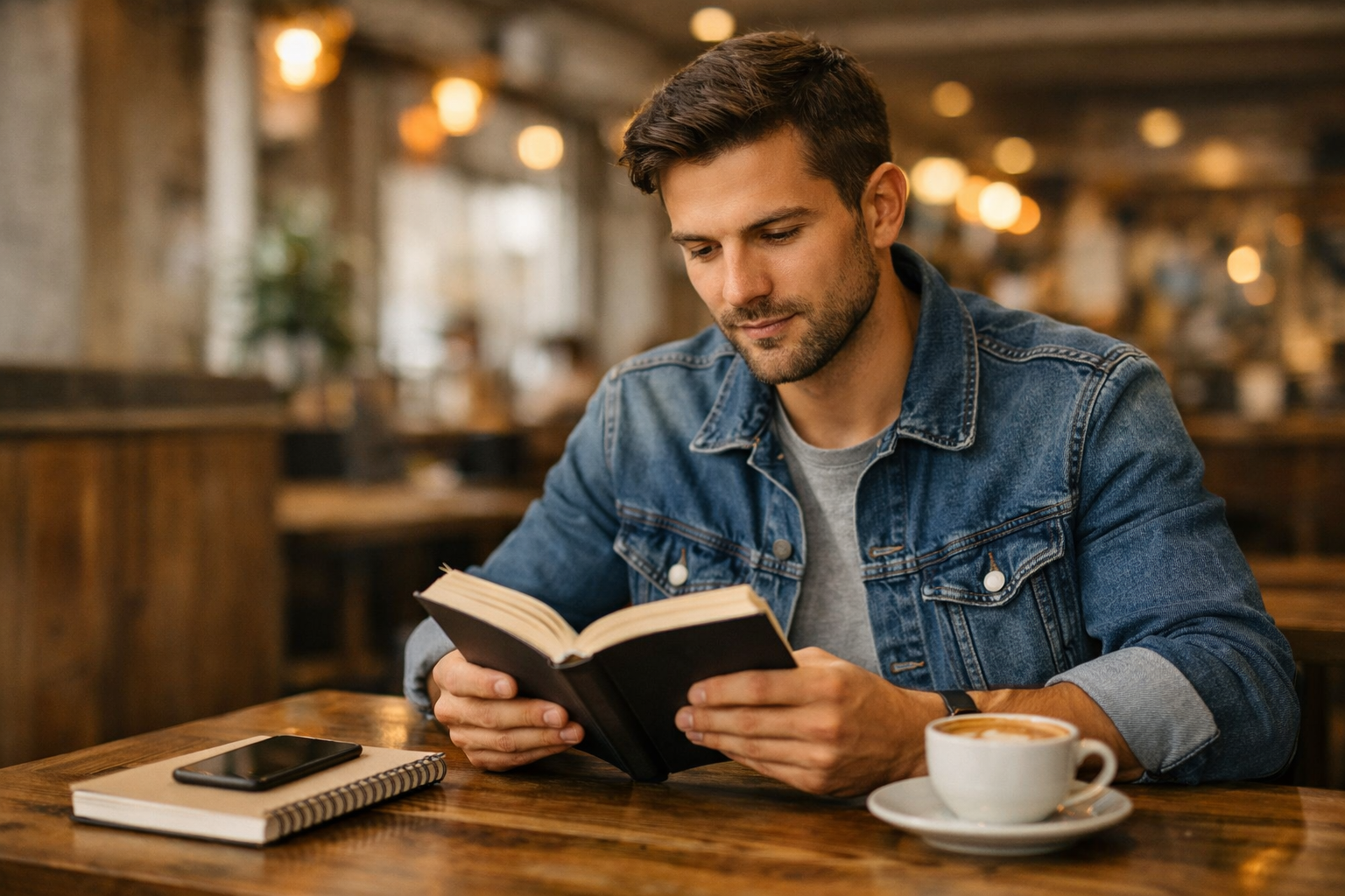 Entrepreneur reading a book in a cafe