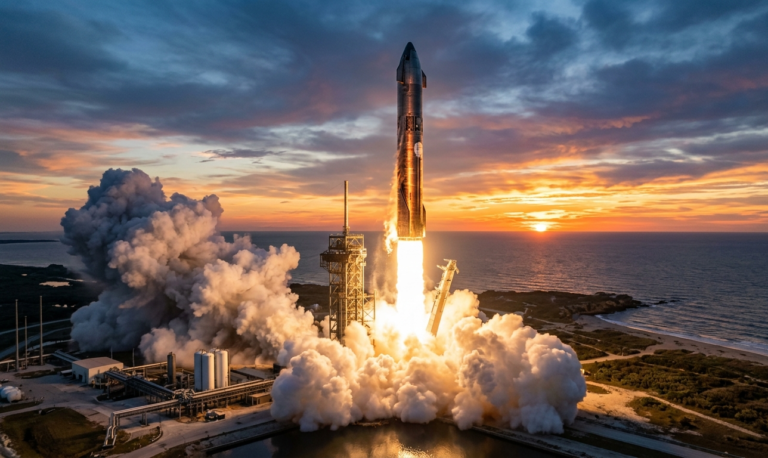 rocket launching into space from a launchpad