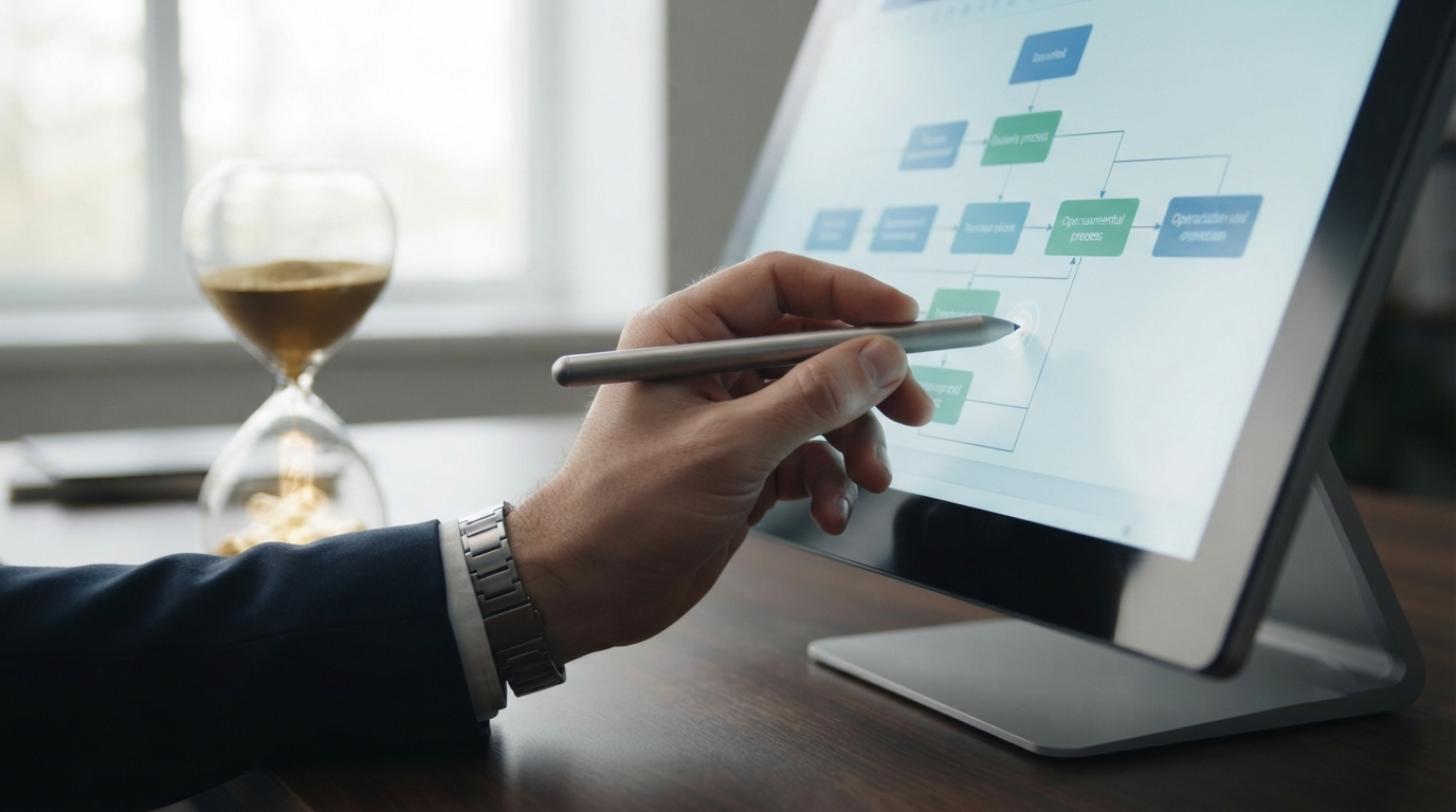 A founder working on a flow chart displayed on a computer screen